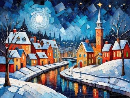 cubism painting of vibrant cozy winter Christmas eveの素材