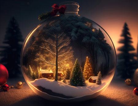 Christmas winter fairy village landscape in a sphere glass jarの素材