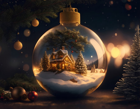 Christmas winter fairy village landscape in a sphere glass jarの素材