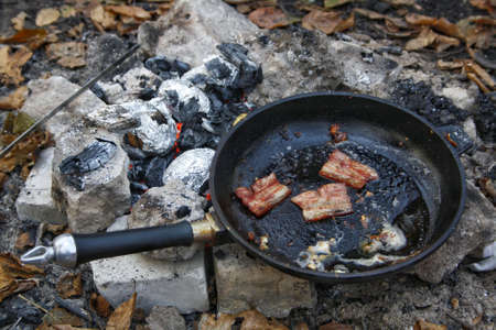 fried bacon in a frying pan. a picnic in the woods.の写真素材