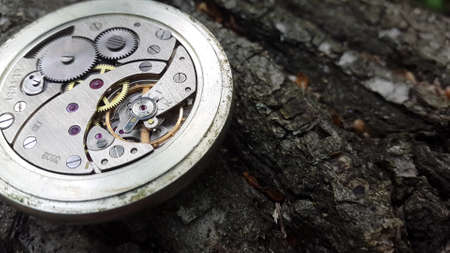 Old Stopwatch On A Stylish Wooden Background, Clock Mechanism.