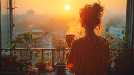 Young woman with cup of tea or coffee on the balcony at sunrise.の素材