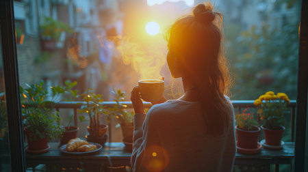 Young woman with a cup of coffee looking out the window at sunsetの素材