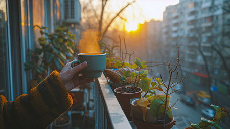 Woman hand holding a cup of hot coffee or tea on the balcony at sunsetの素材