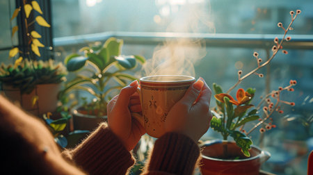 Hands holding a cup of coffee on the background of the windowの素材