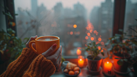 A girl in a warm sweater holds a cup of coffee near the window.の素材