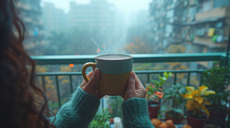 Woman holding a cup of hot coffee on the balcony in the morningの素材