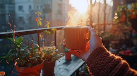Close-up of female hand holding cup of hot coffee on balcony at sunsetの素材