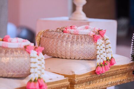 The wedding ceremony took place to prepare garlands for bride and groom.の写真素材