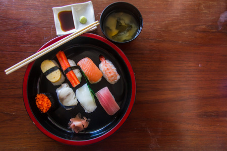 Top view Nigiri set was placed in a bowl and serve Japan. Japanese food Styleの写真素材
