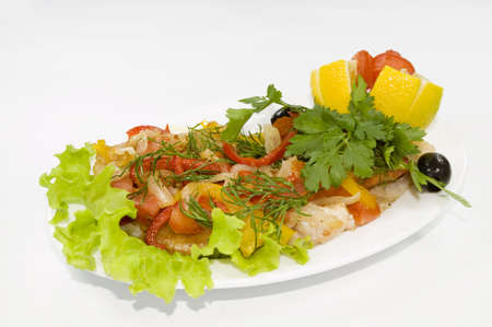 Salad on white plate from many ingredients, isolatedの写真素材