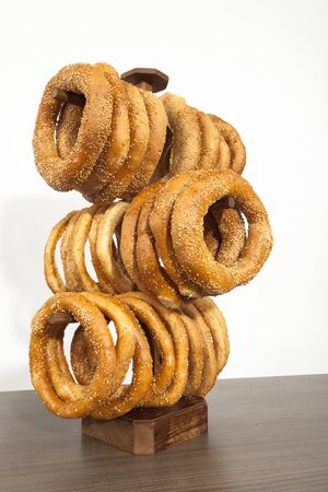 Pile of Seseme Buns on a wooden pedestal の写真素材