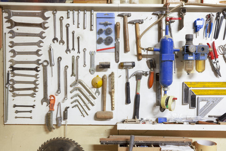 shelf with hand tools for woodworkingの写真素材