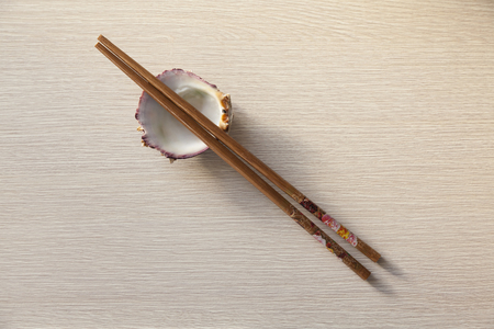 group of Chinese chopsticks on wooden tableの写真素材