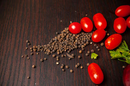food decor on wooden table with vegetablesの写真素材