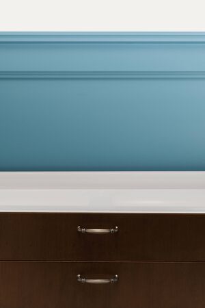 vintage wooden shelves, blue background