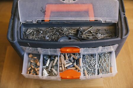box of nails and screws, close upの写真素材