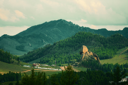 small village in Mongolia, mountain landscapeの写真素材