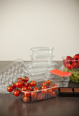 plastic packaging for fruit and vegetables, close up, copy spaceの写真素材