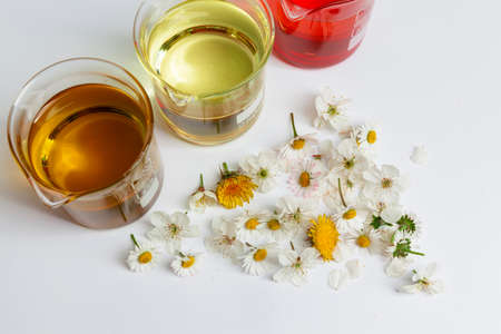 cosmetic natural oils in chemical glass jars, close upの写真素材