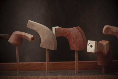 wooden pipes for smoking tobacco in the workshop, abstract background, close up, copy spaceの写真素材