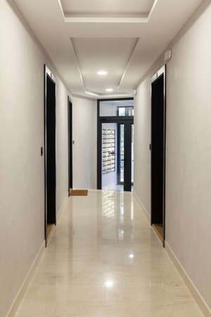 hallway in a modern residential building with doorの写真素材