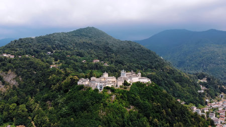 BIELLA, ITALY - JULY 7, 2018: aero View of beautiful Shrine, ancient temple complex, big castle, sanctuary located in mountains near the city of Biella, Piedmont, Italy. summer. High quality photoのeditorial素材