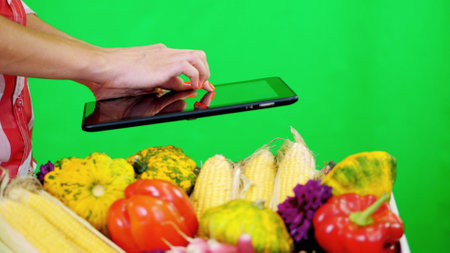 close-up, female hands holding a tablet on Chromakey, green background and a box full of different vegetables, in studio. concept of crop counting, harvest of vegetables. High quality photoの写真素材