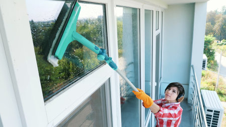 Beautiful woman, in headphones, in gloves, Cleaning, washing Windows by special mop, enjoying her...