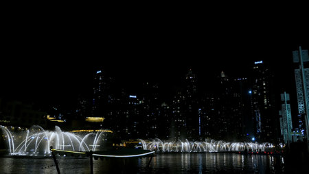 DUBAI, UNITED ARAB EMIRATES, UAE - NOVEMBER 20, 2017: Night Dancing fountains, beautiful streams of water, light and music, on the background of skyscrapers . High quality photoのeditorial素材