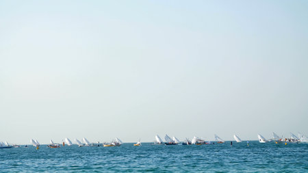 DUBAI, UNITED ARAB EMIRATES, UAE - NOVEMBER 20, 2017: Hotel Jumeirah Al Qasr Madinat beach, in the distance you can see the sailing regatta. High quality photoのeditorial素材