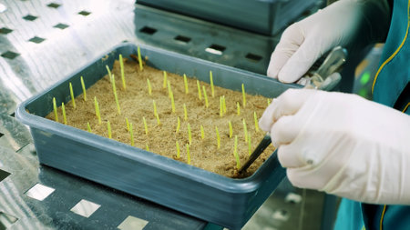 close up, gloved hands of lab worker reviews growing young green sprouts in soil, in small box, in...