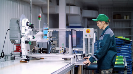 CHERKASY, UKRAINE - AUGUST 24, 2018: worker of printing equipment, adjusts, regulates the printing process. working process of printing packages for grain, agricultural products. High quality photoの写真素材