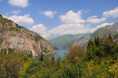 Colorful Sary-Chelek Lake, mountains, meadows and fur tree