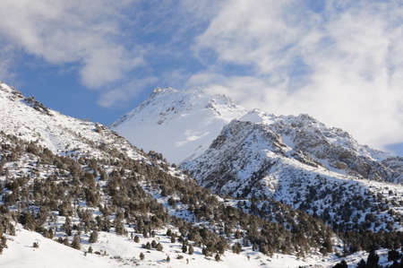 Winter in mountains, rock in snow and blue skyの写真素材