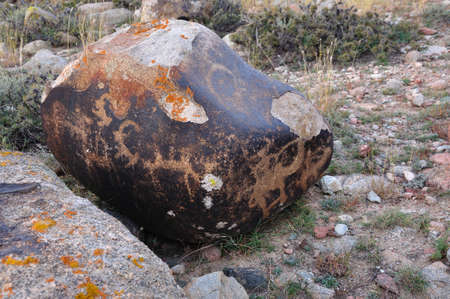 Petroglyphs represented by ancient people on a stoneの写真素材