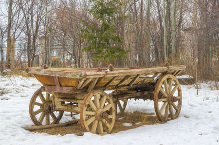 Old wooden cart in the village parkの写真素材