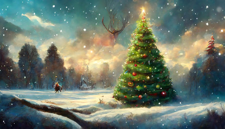 As twilight drapes the snowy landscape, a twinkling Christmas tree signals the imminent arrival of Santa Claus, ready to weave a snowy New Years fairy tale against a backdrop of silent forests and the soft glow of dusk.の素材