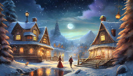 Beneath a luminous moon, a couple strides through the tranquil snow towards warmly lit homes, their hearts full of anticipation for Santa Clauss visit and the unfolding of a New Years fairytale amidst the festive cheer of the village.の素材