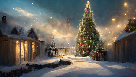 Snowflakes dance around a dazzling Christmas tree in a quaint village, crafting a New Years fairy tale scene, where each glowing light promises the joy of Christmas and the mystery of the seasons silent, snowy nights.の素材