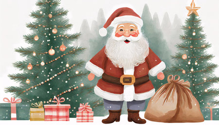 With a sack full of presents and a hearty chuckle, Santa Claus prepares to deliver joy beside the adorned Christmas tree, marking a time-honored tradition that heralds the merry tales and festive spirit of the New Year season.の素材
