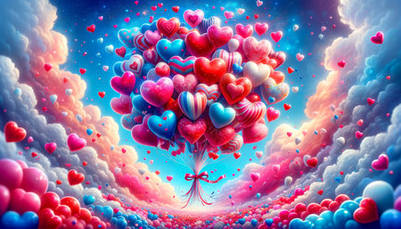 Sky filled with countless heart-shaped balloons in shades of red and blue, floating upwards, Valentine's Day romantic setting, fluffy pink and blue clouds, sparkling particles, magical, whimsical love atmosphere.の素材