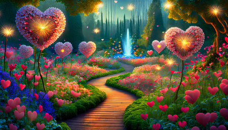 Valentine's Day magical garden, illuminated heart-shaped topiaries, twinkling lights, lush floral path, romantic setting, sparkling ambiance, love blooms, serene twilight, enchanting walkway, vibrant colors, celebration of love, serene, whimsical, heart flowers.の素材