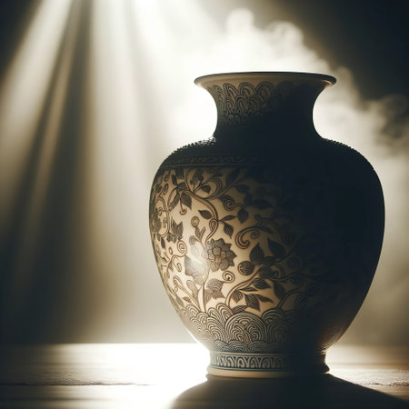 Mysterious silhouette of a vintage Chinese porcelain vase, backlit with streaming light beams on a wooden table, intricate floral patterns, moody ambiance, detailed craftsmanship, shadow play, elegant curves, room's mystery.の素材