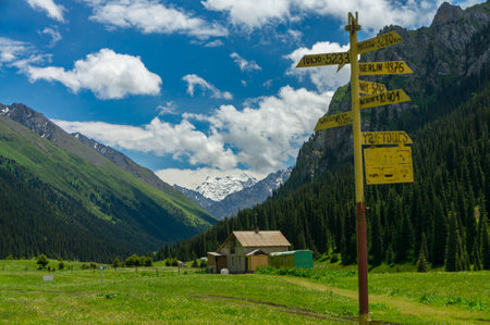 Altyn-Arashan tour place. A wooden signpost displays distances to international cities against a backdrop of a green valley, snow-covered mountain, rustic cabin, dense pine forest under blue sky.の写真素材