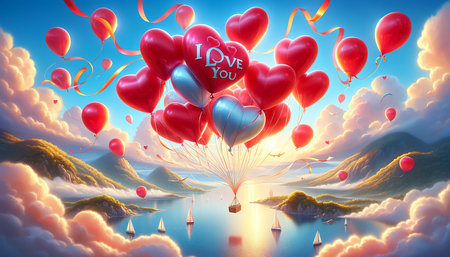 A romantic scene, red and blue balloons I Love You, cupid, sea, ocean, yachts, islands, and a warm vibrant sunset, reflecting celebrations Valentine's Day. Joyful atmosphere, affection.の素材