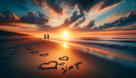Valentine's celebration, lovers couple holding hands. Two hearts and I Love You on beach. Love representation, romantic holiday. Cupid's, birthday joy, tranquil sea, floral, sunset backdrop, cloudsの素材