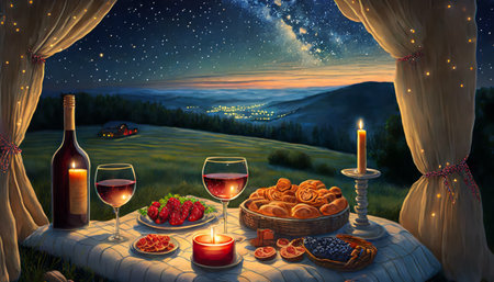 Romantic outdoor, romantic picnic. Candlelit table, red wine, fresh fruit, strawberries, and baked goods, twinkling stars and lights. Valentine's Day or a birthday celebration. love, intimate momentsの素材