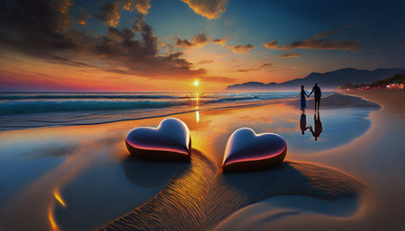 Lovers couple holding hands. Valentine's Day card, celebration. Love representation. Flowers, romantic holiday. Two hearts. Cupid's, birthday joy. Tranquil sea. Floral, sunset backdrop and cloudsの素材