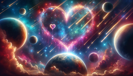 Valentine's Day card. Glowing heart-shaped nebula, shooting stars, planets, colorful galaxy. Heart nebula, pink and purple hues, with strands of light descending from its core. Cosmic love and romanceの素材
